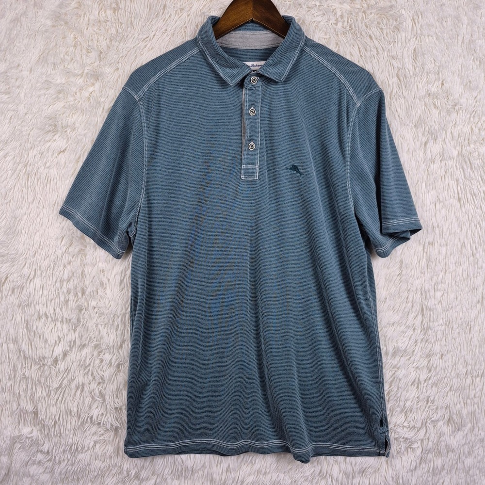 Tommy Bahama Paradise Cove Mens Blue Micro Stripe Tencel Modal Polo Shirt Large